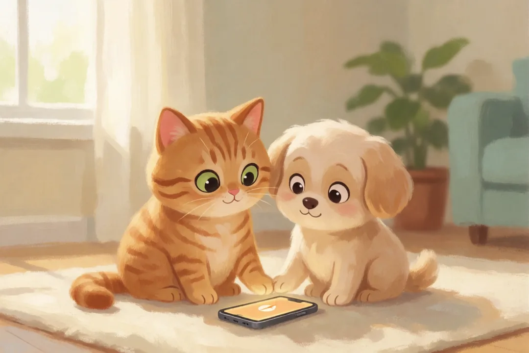 橘猫与米色小狗一起看发光的手机，温馨居家场景